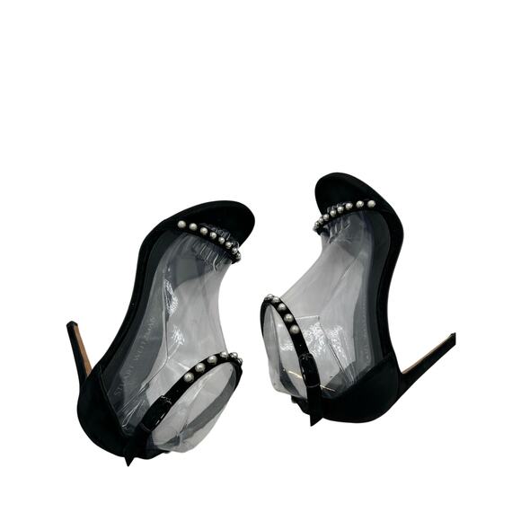 Stuart Weitzman black suede faux pearl embellished nudist  Stuart Weitzman black suede faux pearl embellished nudist sandal heel sz 8.5